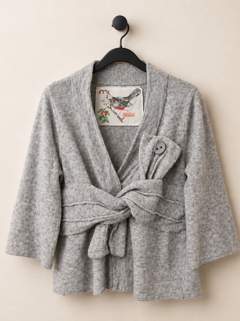 Robin Handcrafted Gray Wool Blend Tie-Front Cardigan